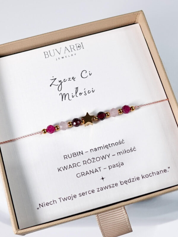 Bransoletka na miłość z gwiazdką i kamieniami naturalnymi - rubinem, kwarcem różowym i granatem.
