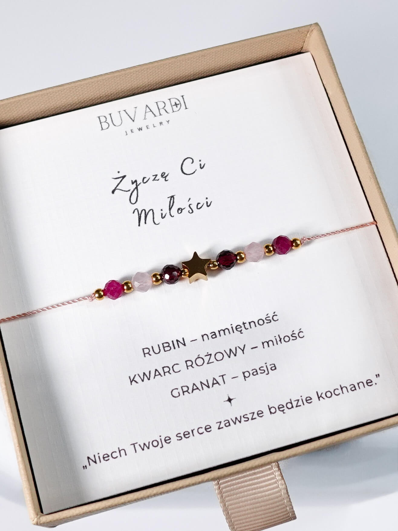 Bransoletka na miłość z gwiazdką i kamieniami naturalnymi - rubinem, kwarcem różowym i granatem.