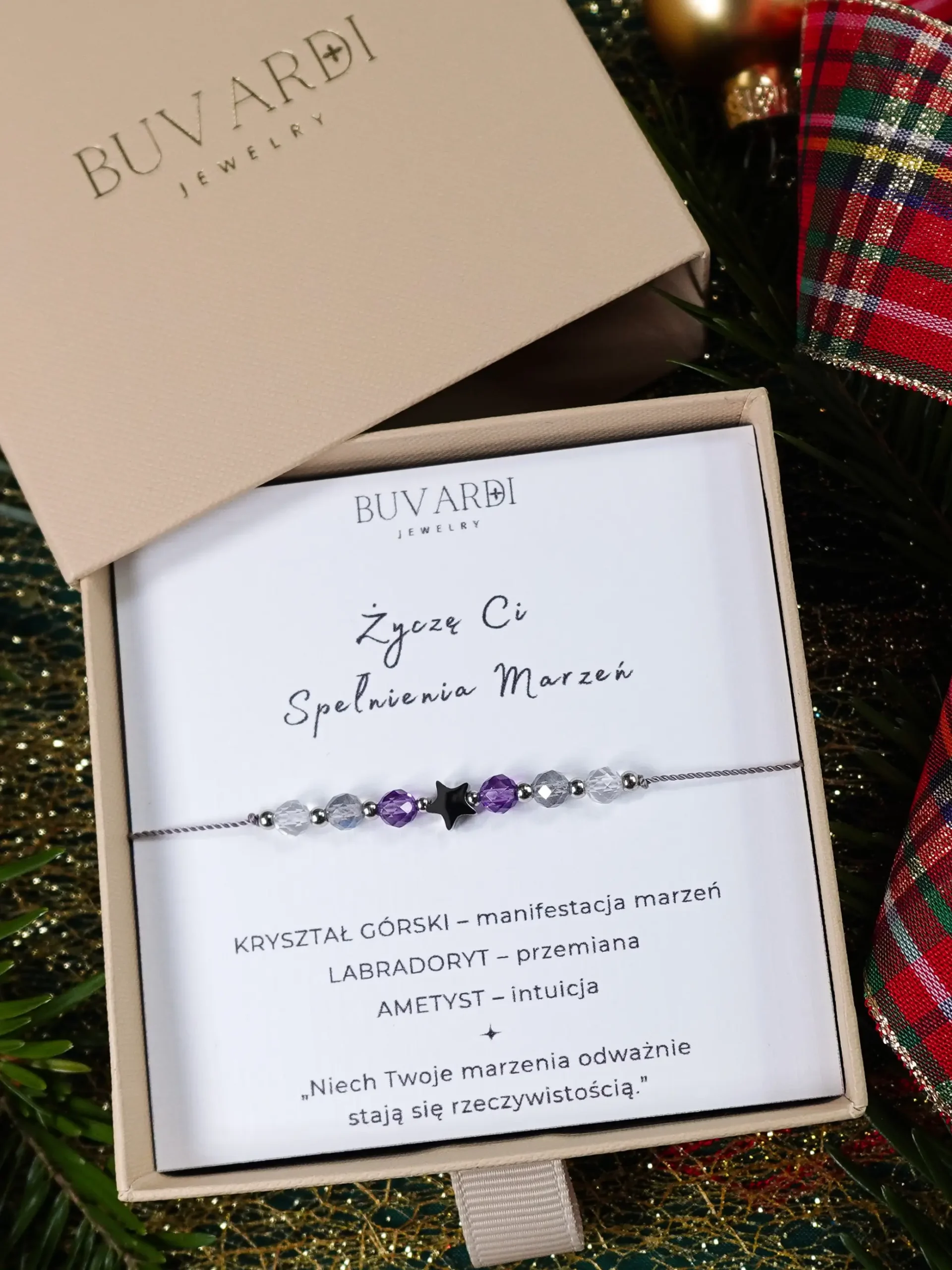 Bransoletka "Życzę Ci" spełnienia marzeń z kryształem górskim, ametystem i labradorytem, na sznurku