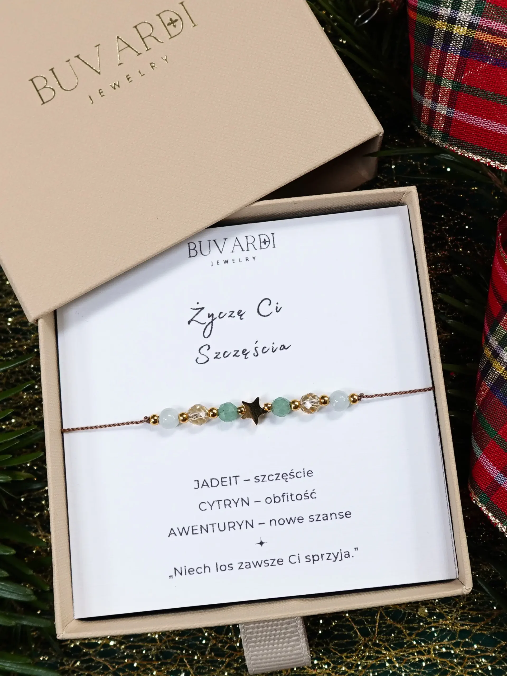 Bransoletka "Życzę Ci Szczęścia" z jadeitem, cytrynem i awenturynem, na sznurku, w pudełku prezentowym. Marka Buvardi