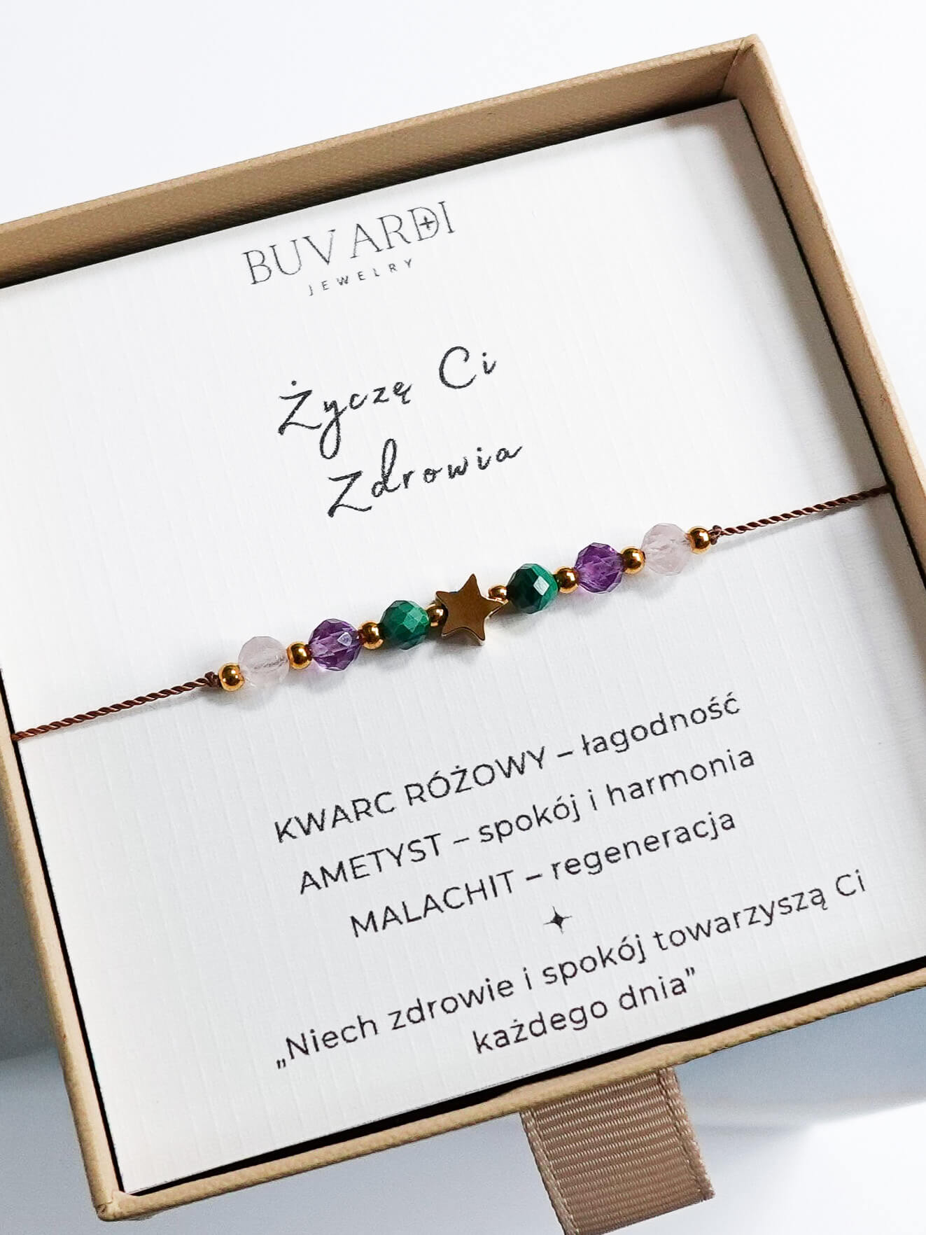 Bransoletka "Życzę Ci Zdrowia" – malachit, ametyst, kwarc różowy - obrazek 2