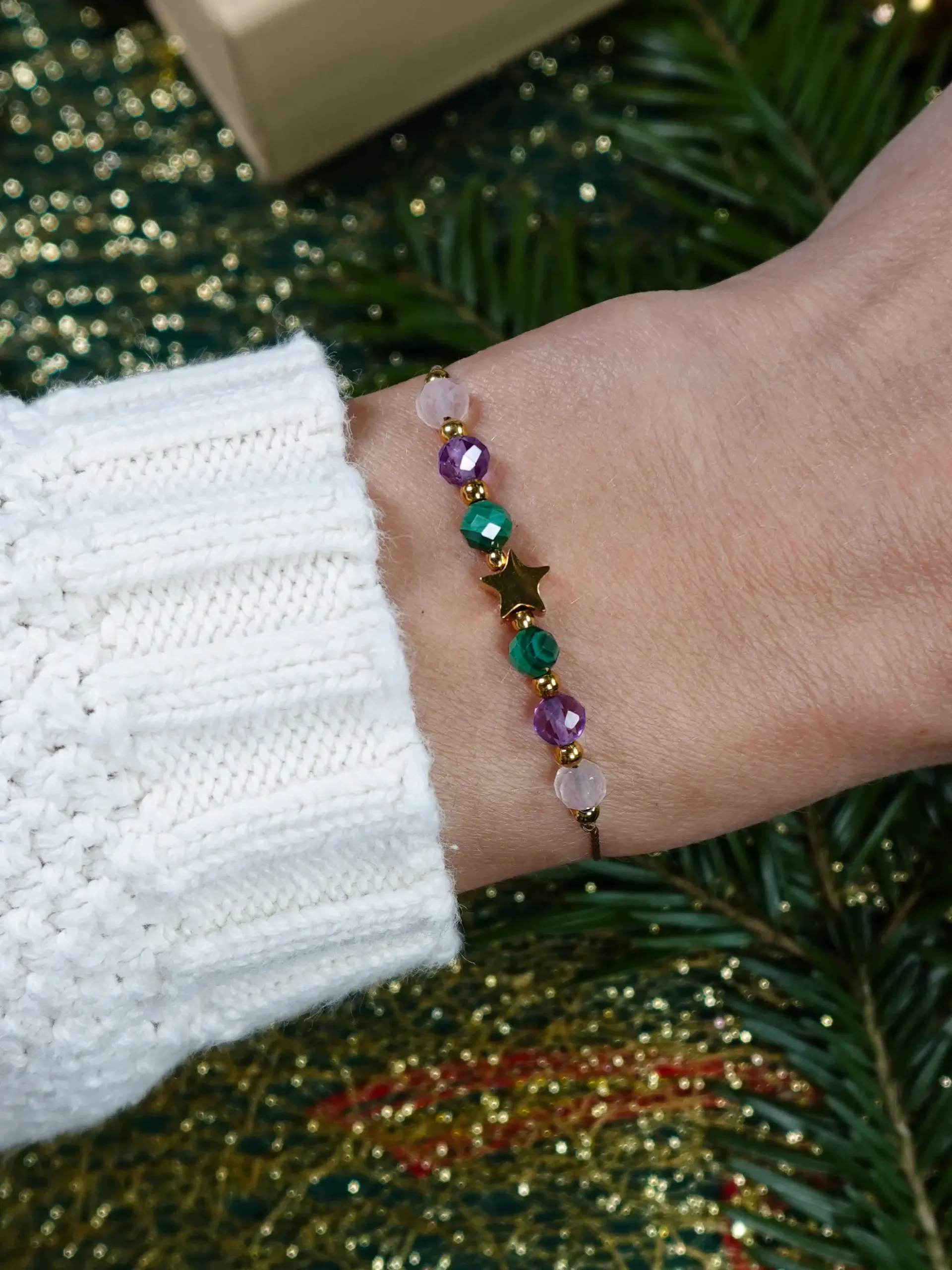 Bransoletka "Życzę Ci Zdrowia" – malachit, ametyst, kwarc różowy - obrazek 3