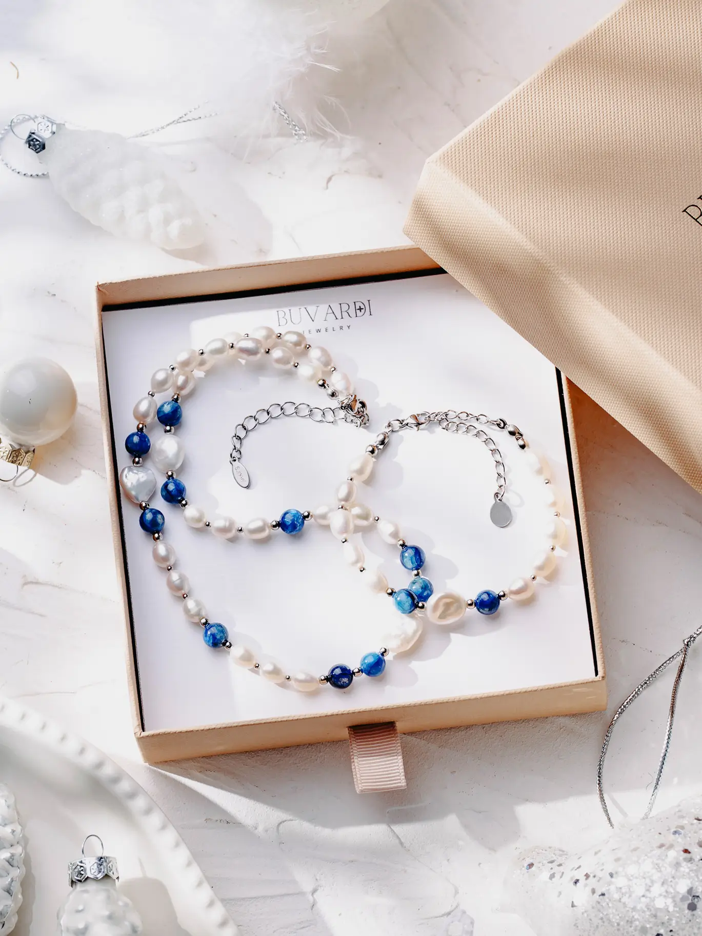 Komplet naszyjnik i bransoletka z pereł naturalnych, pereł barokowych i kianitu "Winter Blue" - obrazek 3