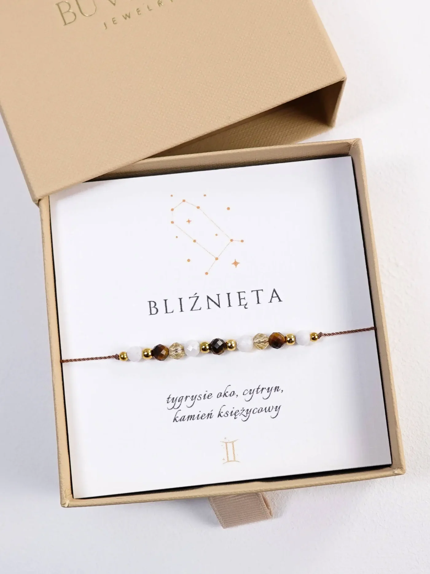 Bransoletka dla znaku Bliźnięta z kamieni naturalnych tygrysie oko, kamień księżycowy, cytryn na sznurku w pudełku prezentowym