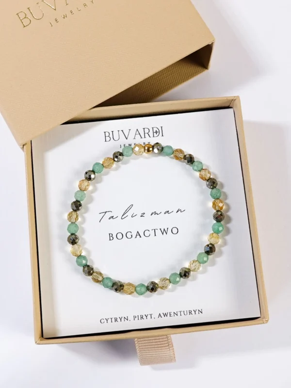 Bransoletka na bogactwo z cytrynem, pirytem i zielonym awenturynem, na gumce - Buvardi