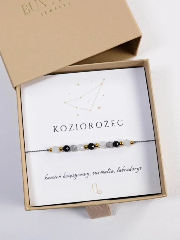Bransoletka dla Koziorożca z kamieni naturalnych, turmalin, kamień księżycowy, labradoryt, na sznurku w pudełku prezentowym