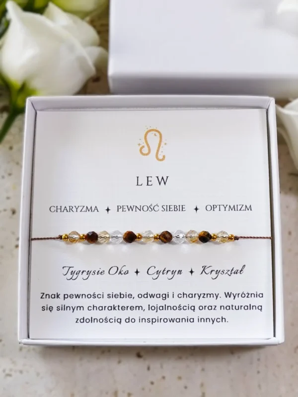 Bransoletka dla znaku Lew z tygrysim okiem, cytrynem i kryształem górskim, na sznurku.
