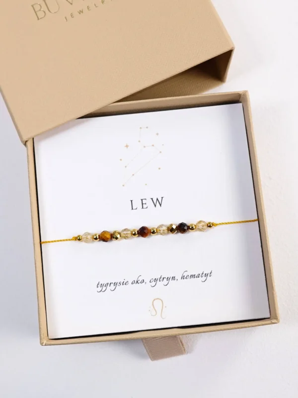Bransoletka dla znaku Lew z tygrysim okiem, cytrynem i hematytem na sznurku w pudełku prezentowym