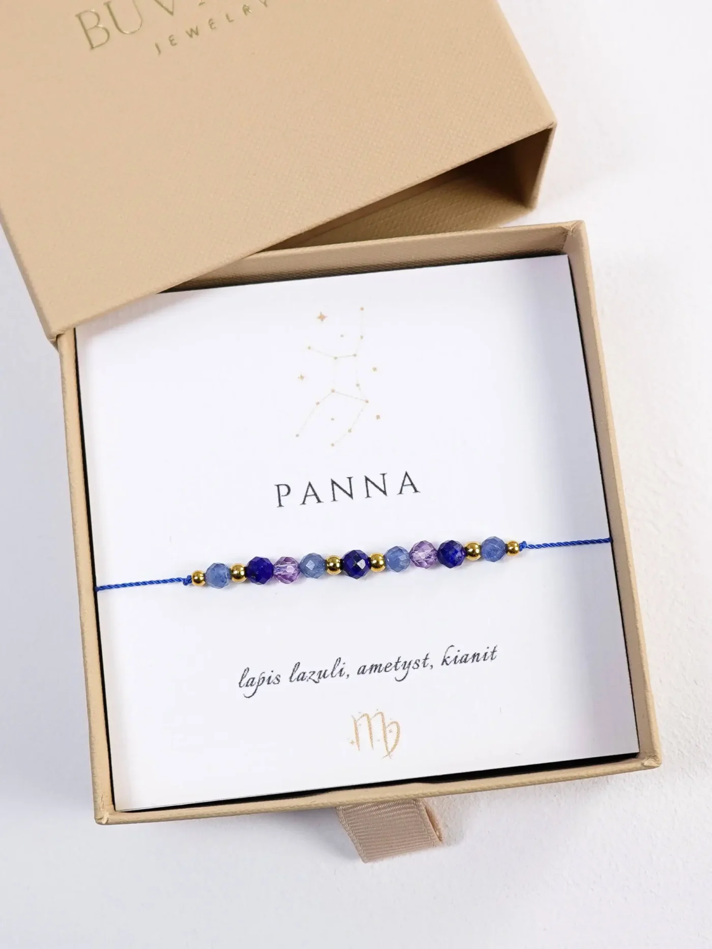 Bransoletka dla znaku Panna z lapis lazuli, ametyst, kianit na sznurku w pudełku prezentowym