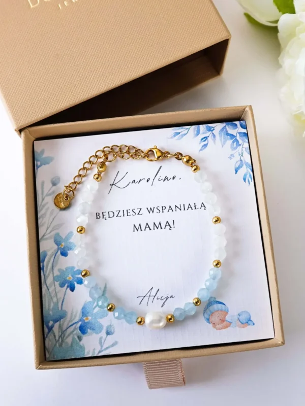Bransoletka dla przyszłej mamy z akwamarynem, prezent na Baby Shower.