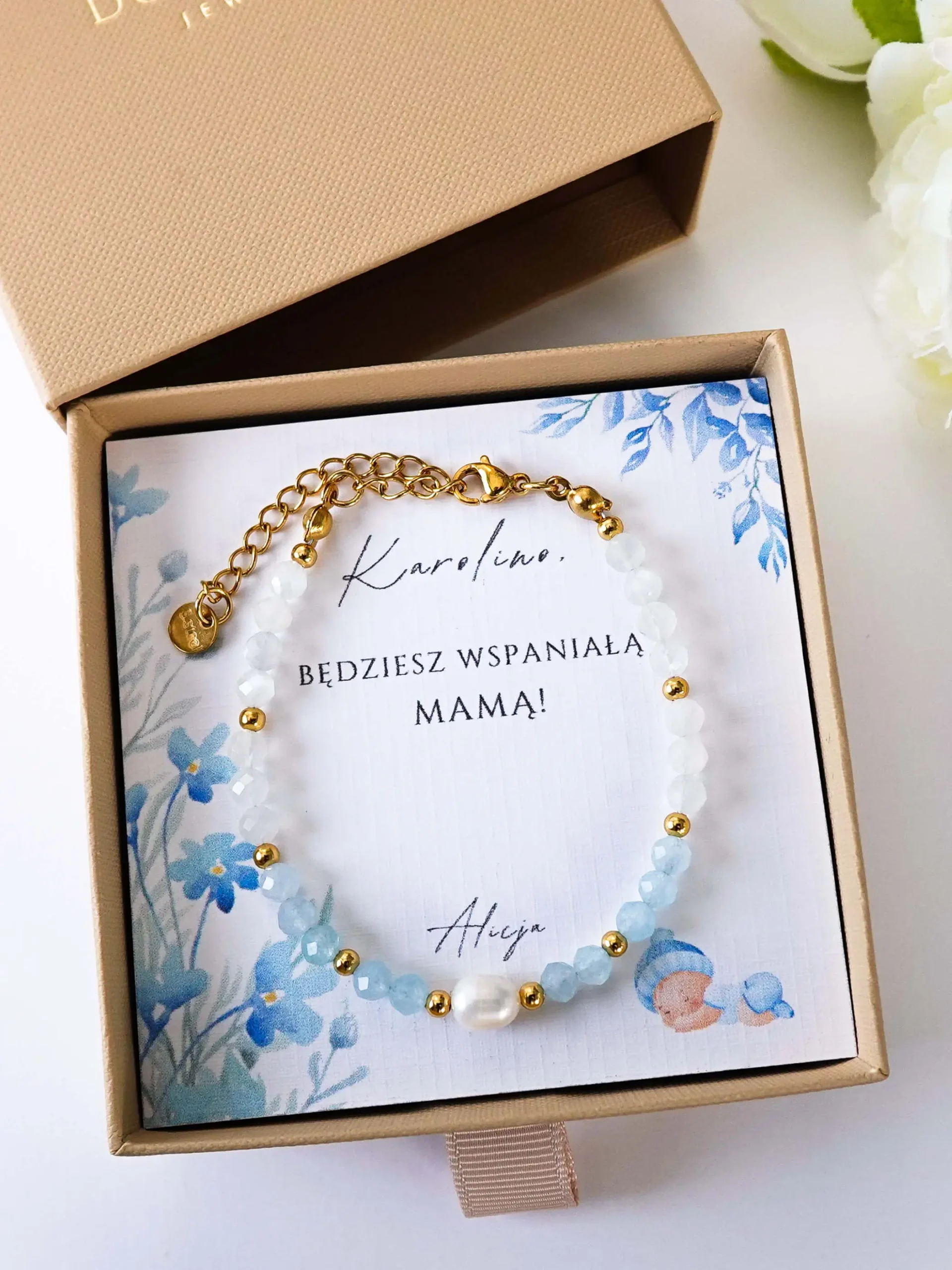 Bransoletka dla przyszłej mamy z akwamarynem, prezent na Baby Shower.