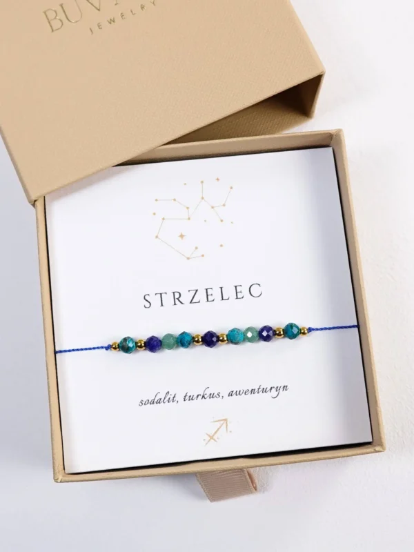 Bransoletka dla znaku Strzelec z turkusem, awenturynem, sodalitem, kamieni naturalne na sznurku w pudełku prezentowym