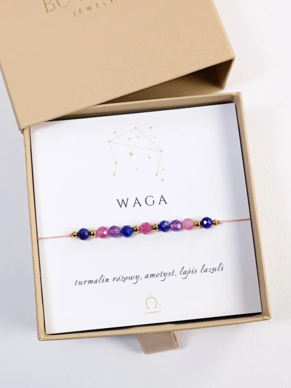 Bransoletka dla znaku Waga z kamieni naturalnych lapis lazuli, ametyst, różowy turmalin, na sznurku w pudełku prezentowym