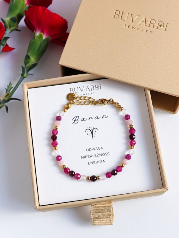 Bransoletka Baran z kamieni naturalnych z granatem, turmalinem, rubinem, kryształem górskim i opalem.