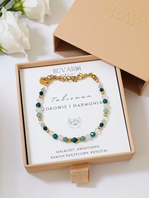 Bransoletka z kamieni naturalnych na zdrowie, z malachitem, awenturynem, kamieniem księżycowym i kryształem górskim.