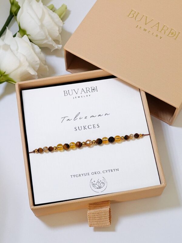 Bransoletka z cytrynem i tygrysim okiem na sznurku.