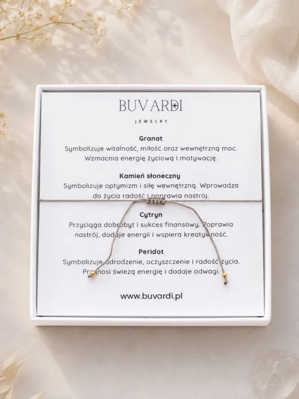 Bransoletka dla Lwa z granatem, kamieniem słonecznym, cytrynem i peridotem (oliwinem), na sznurku