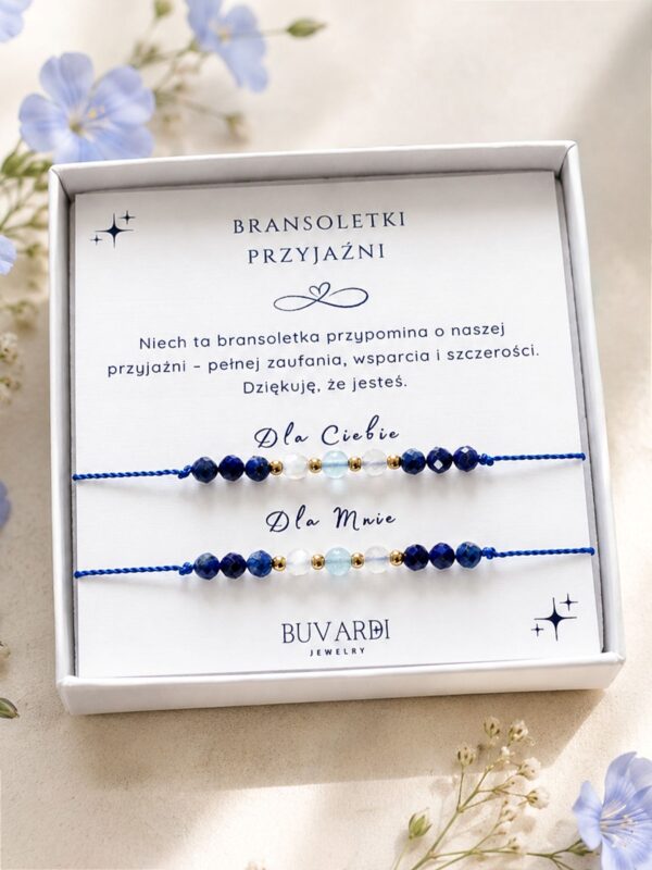 Bransoletka przyjaźni dla 2 osób z lapis lazuli, akwamarynem i kamieniem księżycowym. Prezent dla przyjaciółki.