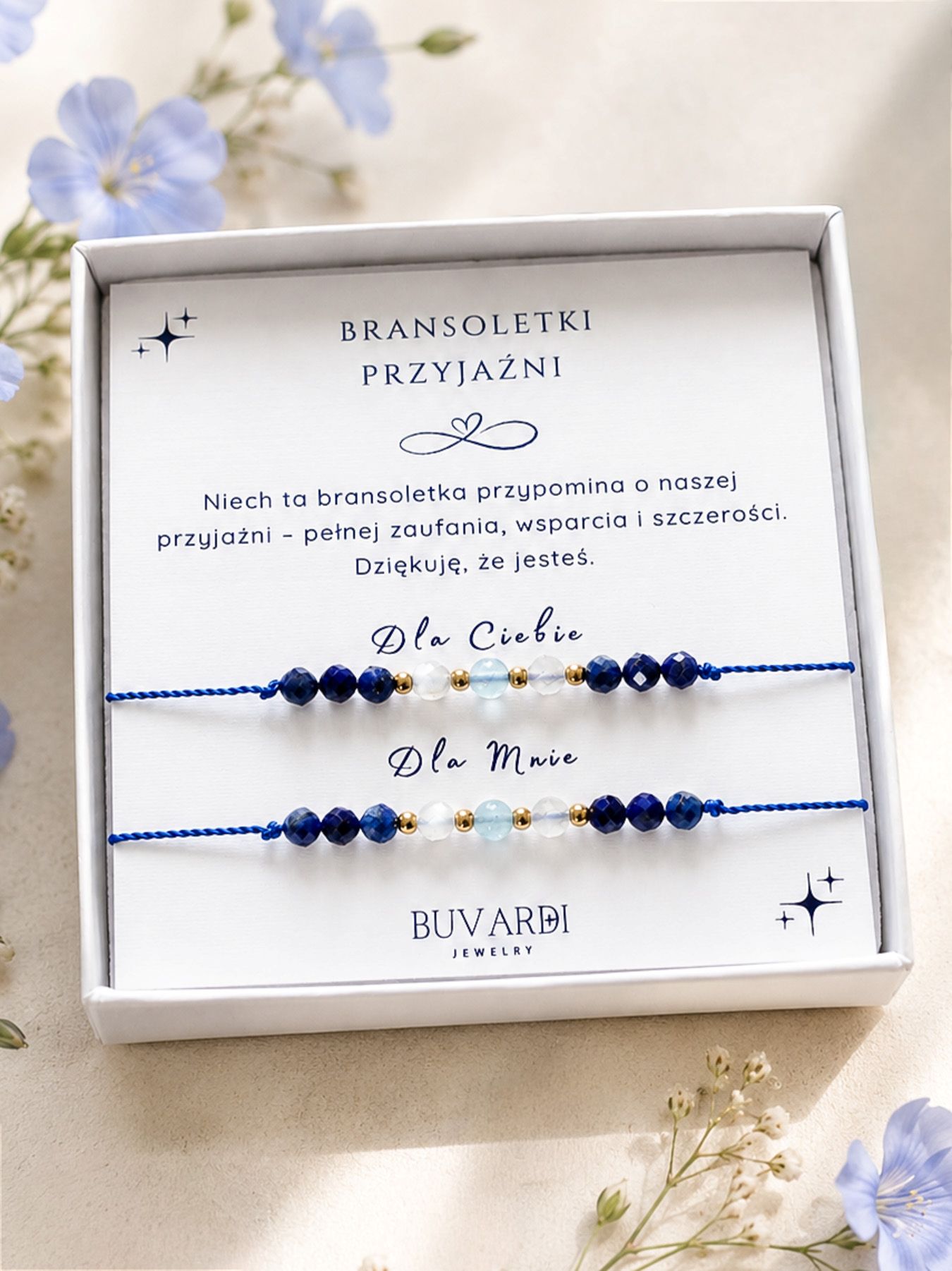 Bransoletka przyjaźni dla 2 osób z lapis lazuli, akwamarynem i kamieniem księżycowym. Prezent dla przyjaciółki.
