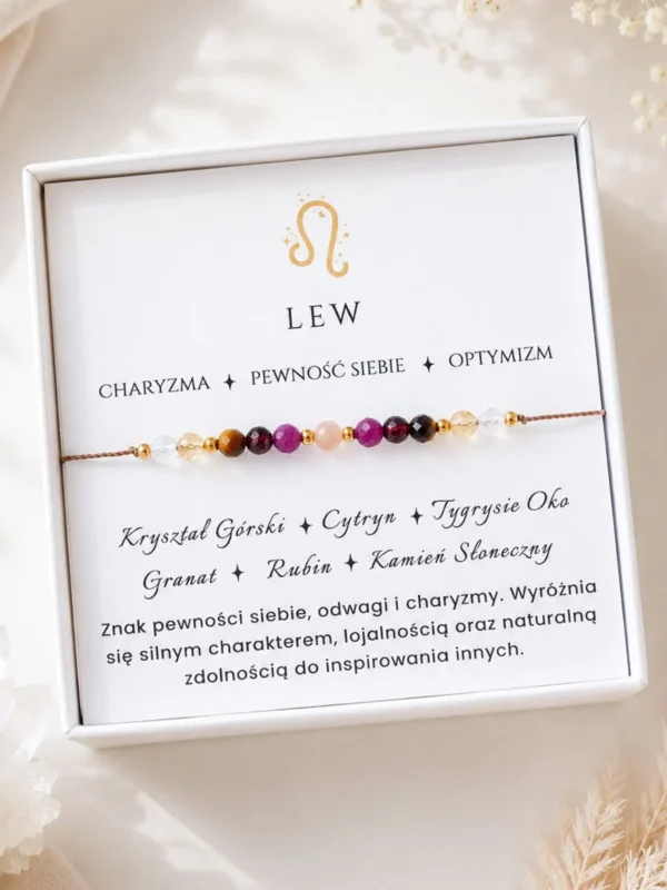 Talizman dla Lwa. Bransoletka dla znaku zodiaku Lew z sześciu różnych kamieni naturalnych, na sznurku
