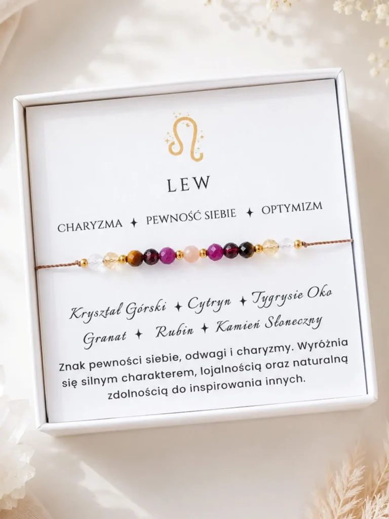 Talizman dla Lwa. Bransoletka dla znaku zodiaku Lew z sześciu różnych kamieni naturalnych, na sznurku